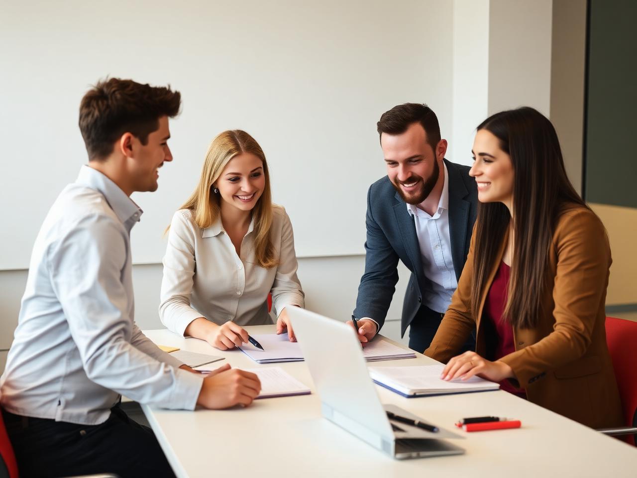 Three students in basic sales training working together