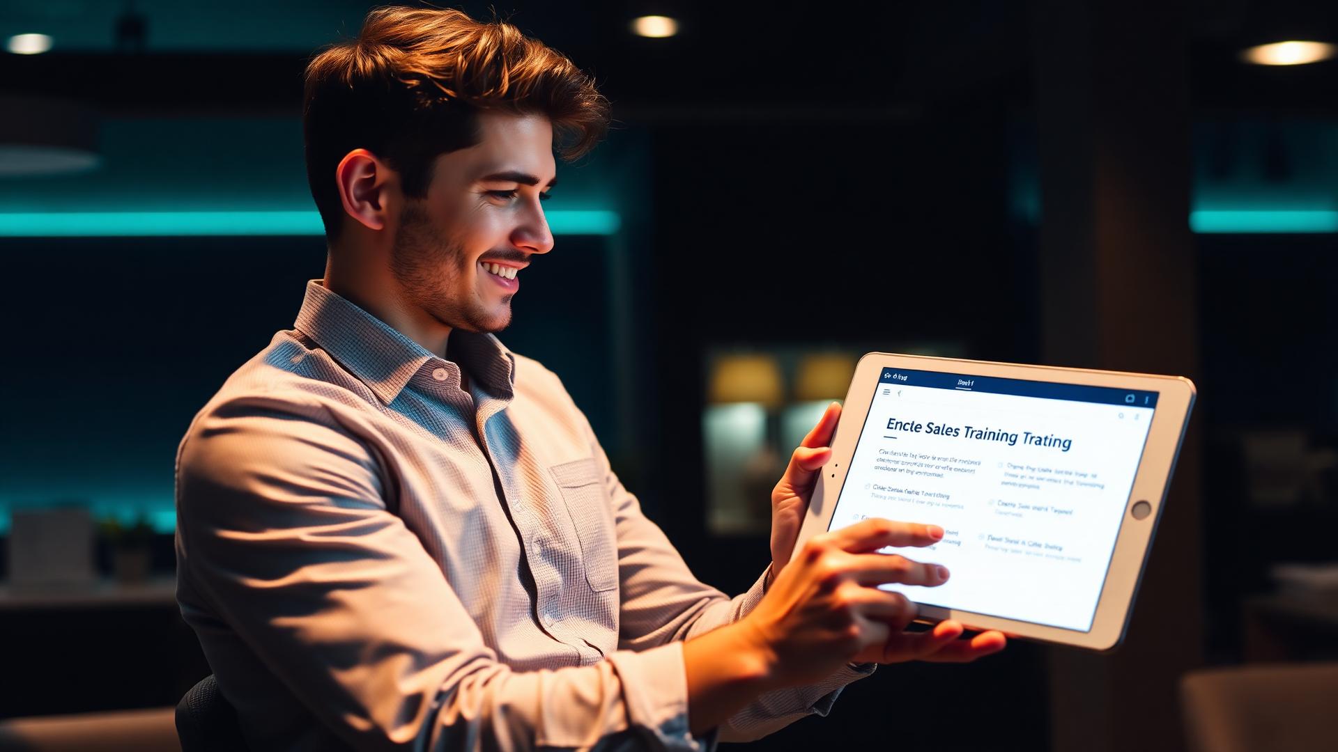 Sales professional reviewing Rockstar sales training packages on a laptop in a modern office