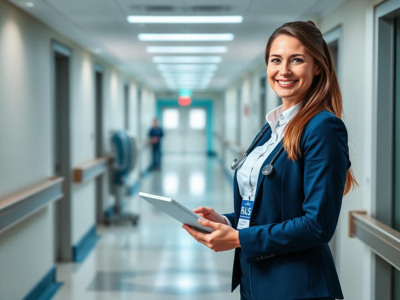 Medical device sales representative in a hospital corridor