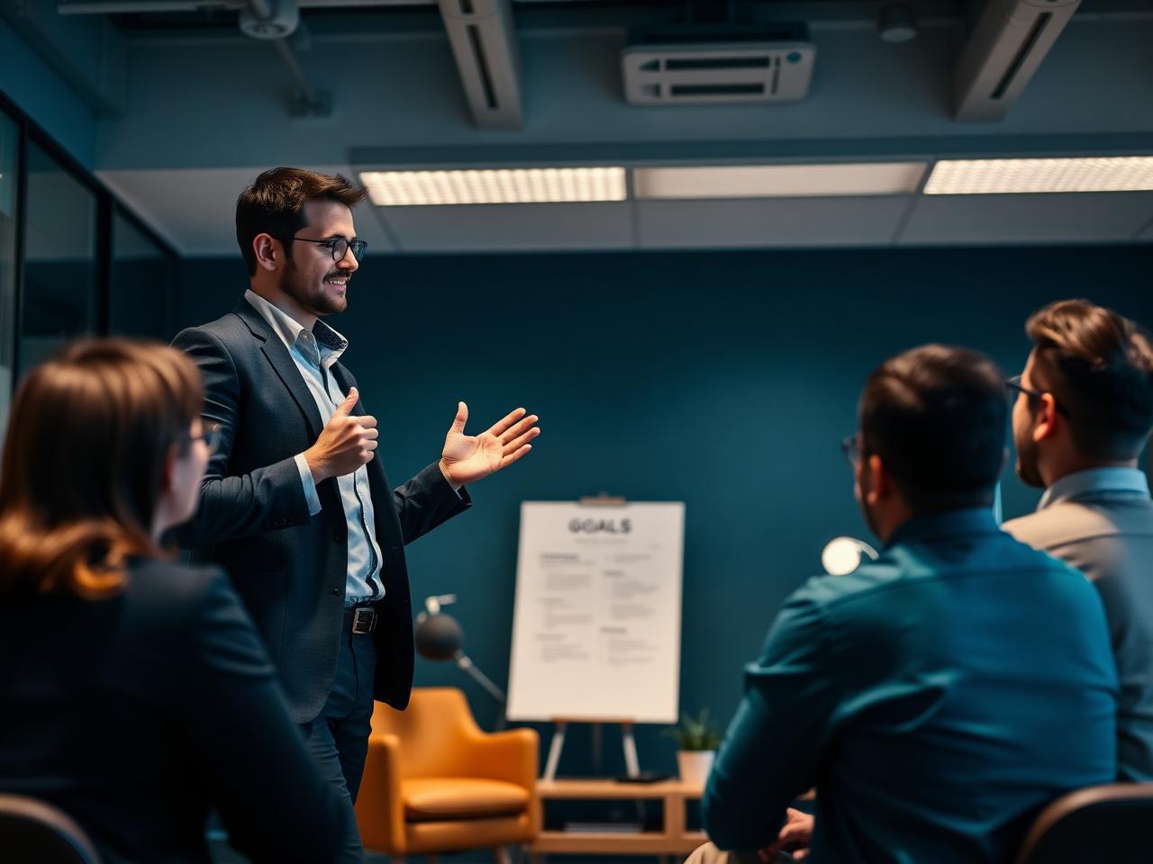 Confident salesperson presenting goals to a small group