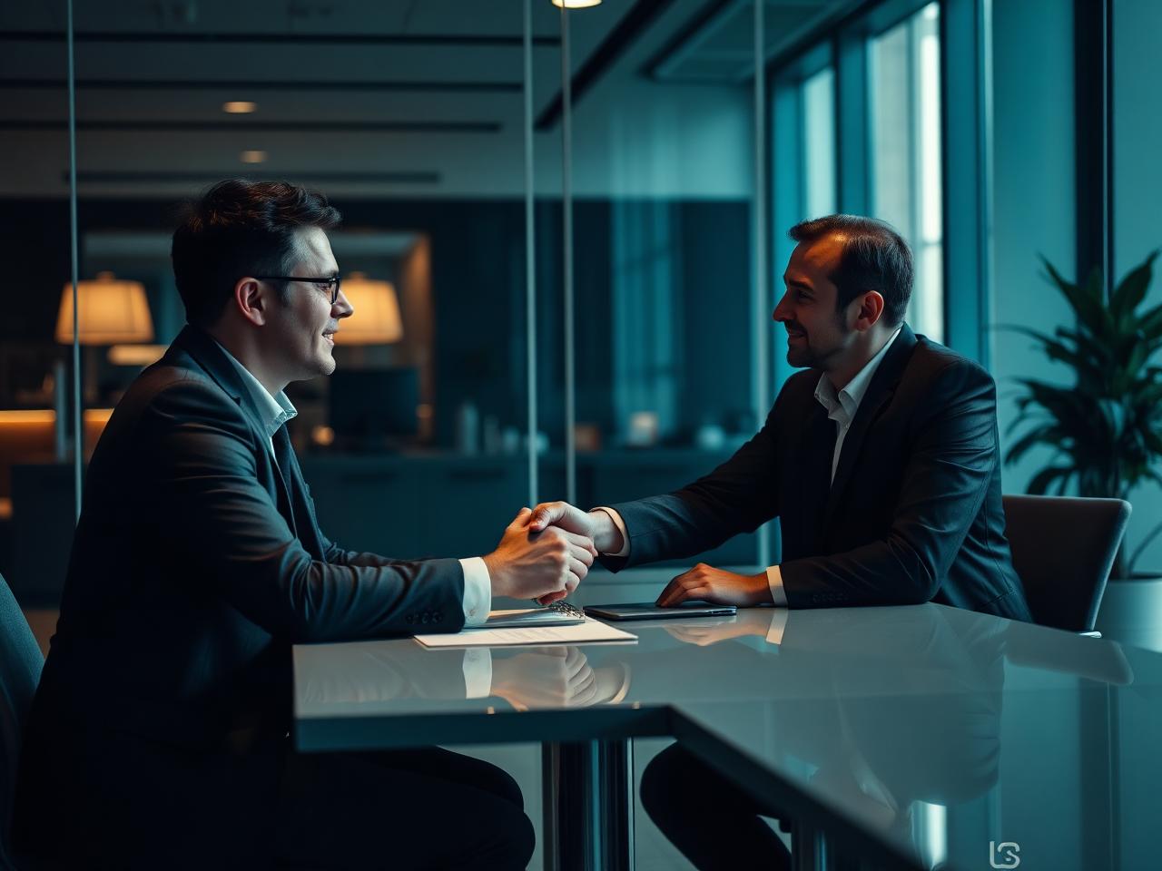 Consultative sales meeting ending in a handshake
