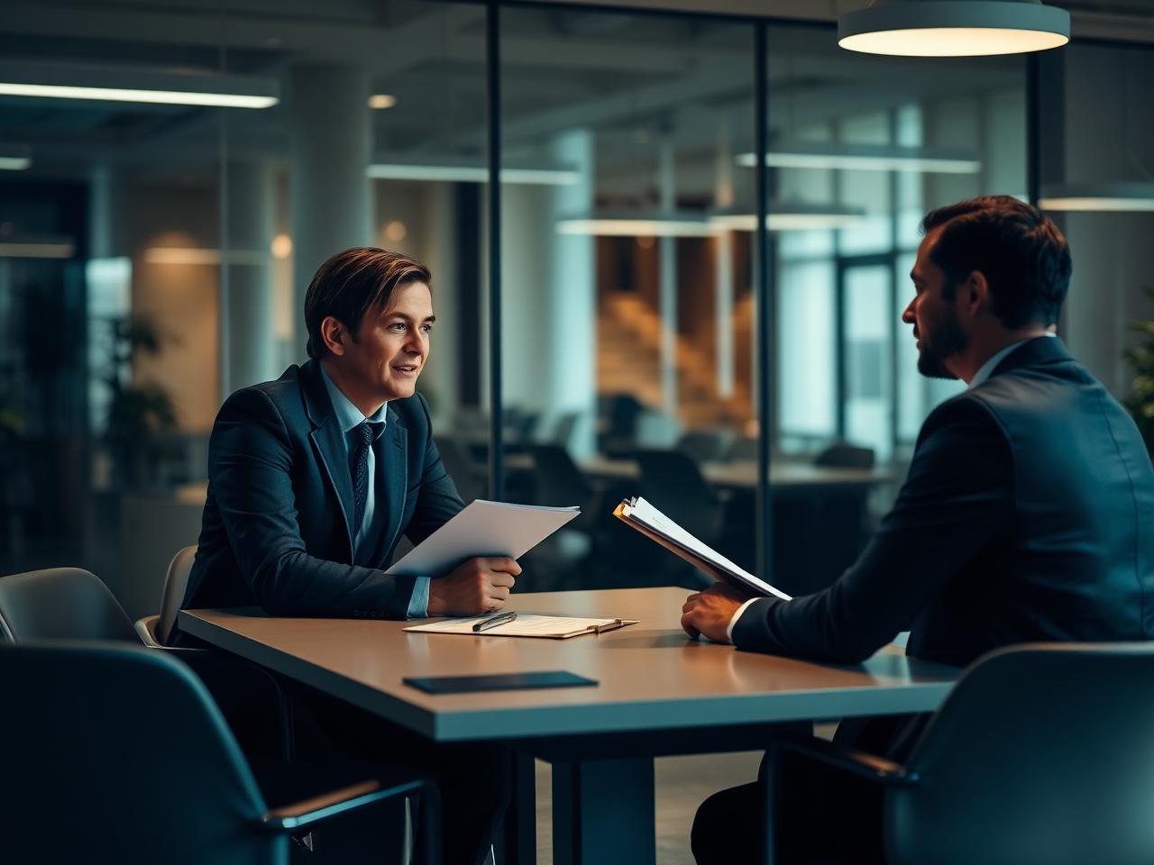 Sales coach evaluating a salesperson's skills across a table