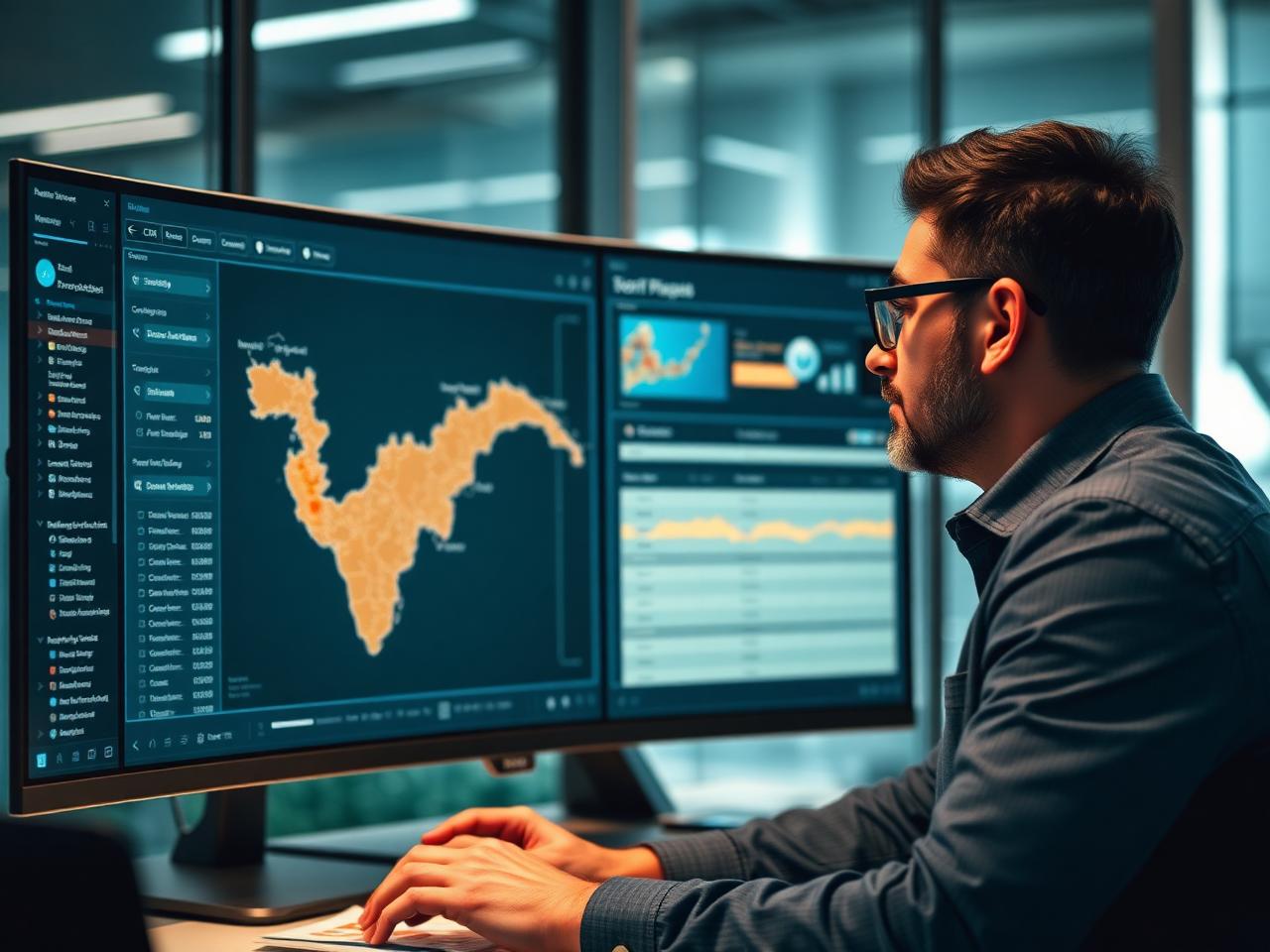 Salesperson reviewing territory map and prospect pipeline on screen