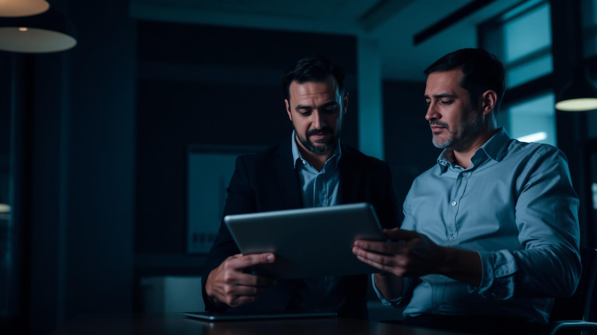 Sales coach reviewing performance results with a client on a tablet